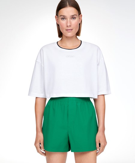 Oysho 100% Bawełniane Cropped Krótkie-sleeved Logo T-shirt Białe | 529730TDZ