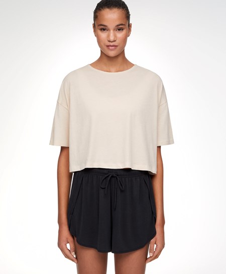 Oysho 100% Bawełniane Cropped Krótkie-sleeved T-shirt Ecru | 619428UIO