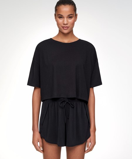 Oysho 100% Bawełniane Cropped Krótkie-sleeved T-shirt Czarne | 976028VOU