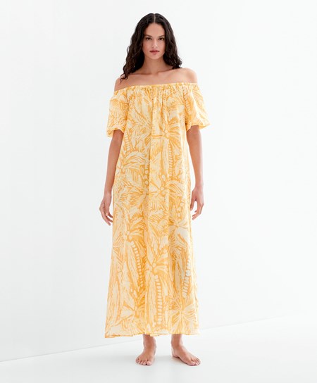 Oysho 100% Bawełniane Off Shoulder Sukienki Żółte | 582940XDB