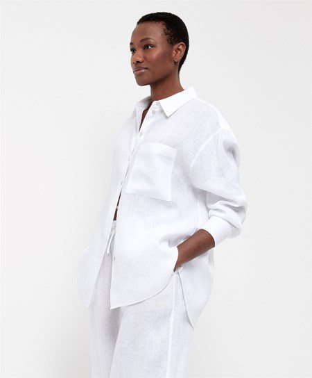 Oysho 100% Linen Long-sleeved Shirt Białe | 501873YMG