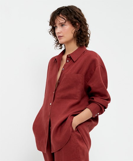 Oysho 100% Linen Long-sleeved Shirt Brązowe | 835762KMC