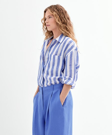 Oysho 100% Linen Long-sleeved Shirt Cobalt | 374059HQG
