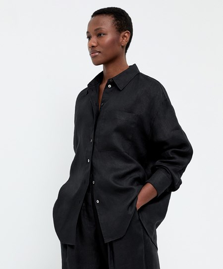 Oysho 100% Linen Long-sleeved Shirt Czarne | 481096PUF