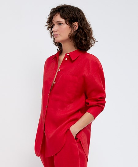 Oysho 100% Linen Long-sleeved Shirt Czerwone | 205367XTQ