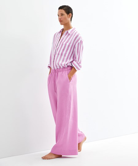 Oysho 100% Linen Long-sleeved Shirt Fuksja | 384259ZVE