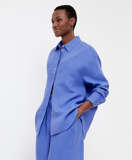 Oysho 100% Linen Long-sleeved Shirt Lawenda | 396574QNZ
