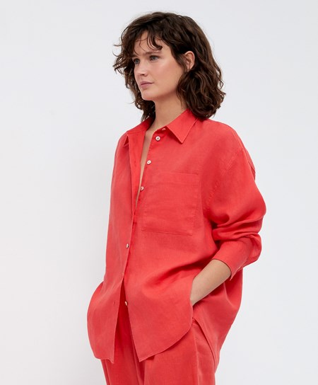 Oysho 100% Linen Long-sleeved Shirt Pomarańczowe | 170432SNM