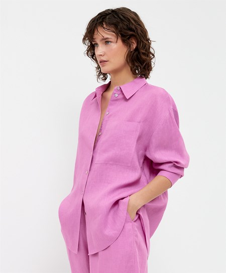 Oysho 100% Linen Long-sleeved Shirt Różowe | 438759LFO