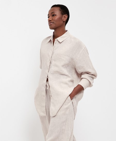 Oysho 100% Linen Long-sleeved Shirt Sand Melange | 845671OTY