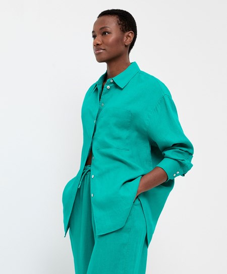 Oysho 100% Linen Long-sleeved Shirt Turkusowe Zielone | 614075YLS