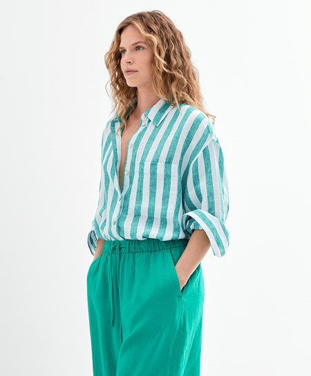 Oysho 100% Linen Long-sleeved Shirt Turkusowe | 809647QAW