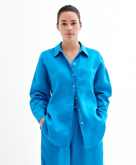 Oysho 100% Linen Long-sleeved Shirt Turquoise-blue | 185790AJZ