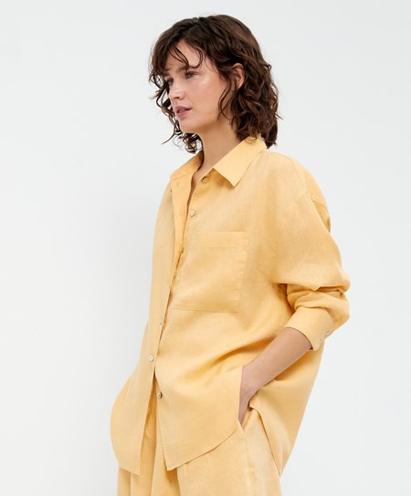 Oysho 100% Linen Long-sleeved Shirt Żółte | 784956BON
