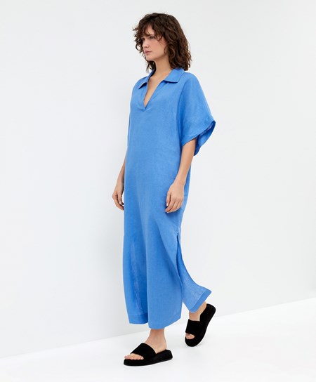 Oysho 100% Linen Polo Collar Tunic Sukienki Niebieskie | 162047ONW