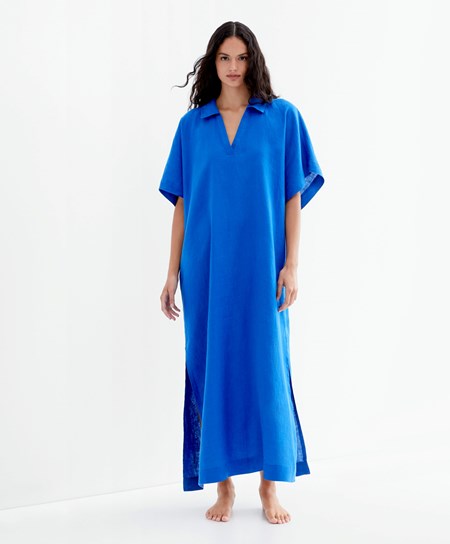 Oysho 100% Linen Polo Collar Tunic Sukienki Niebieskie | 543820WLM