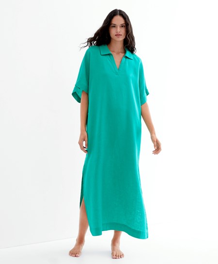 Oysho 100% Linen Polo Collar Tunic Sukienki Turkusowe Zielone | 617924CNK