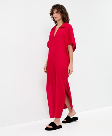 Oysho 100% Linen Polo Collar Tunic Sukienki Czerwone | 730926RPC