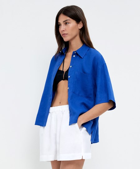 Oysho 100% Linen Shirt Niebieskie | 315746GOW