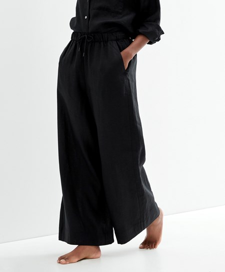 Oysho 100% Linen Szerokie Prosty-leg Trousers Czarne | 061245OLS