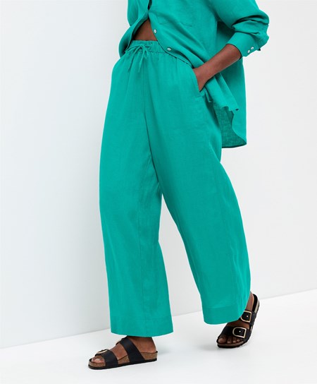 Oysho 100% Linen Szerokie Prosty-leg Trousers Turkusowe Zielone | 134658GZA