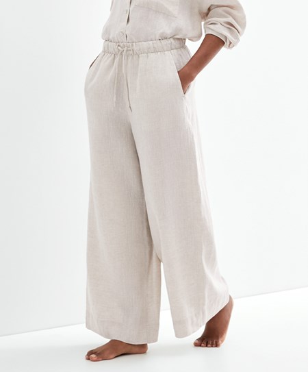 Oysho 100% Linen Szerokie Prosty-leg Trousers Sand Melange | 307981BIZ