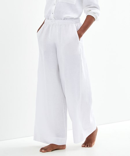 Oysho 100% Linen Szerokie Prosty-leg Trousers Białe | 312647RYB