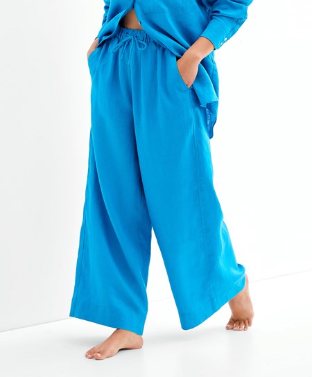 Oysho 100% Linen Szerokie Prosty-leg Trousers Turquoise-blue | 386451YOS