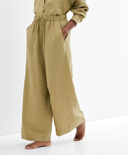 Oysho 100% Linen Szerokie Prosty-leg Trousers Khaki | 538194ZCD
