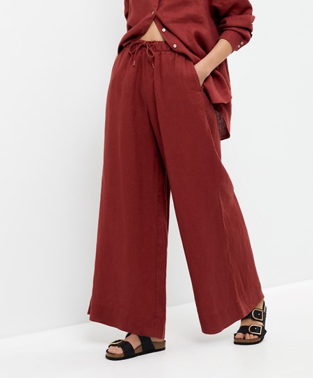 Oysho 100% Linen Szerokie Prosty-leg Trousers Brązowe | 721935BRW