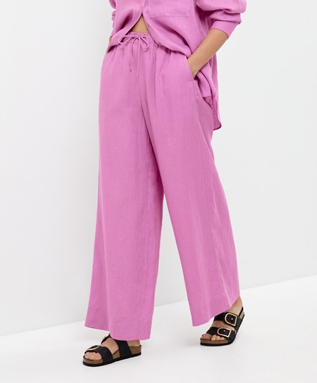 Oysho 100% Linen Szerokie Prosty-leg Trousers Różowe | 854302KIL