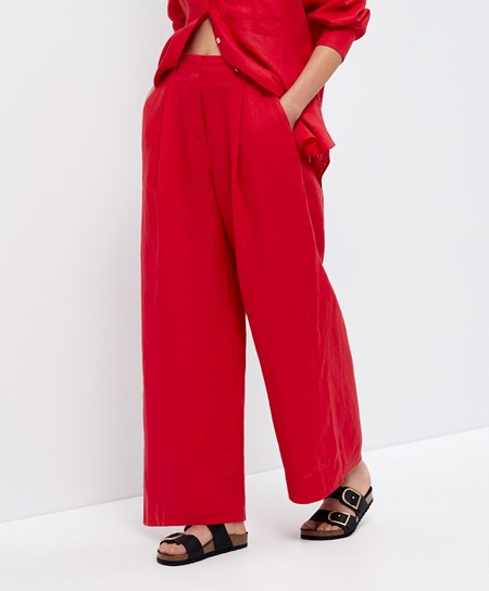 Oysho 100% Linen Szerokie-leg Trousers Czerwone | 589760AJQ