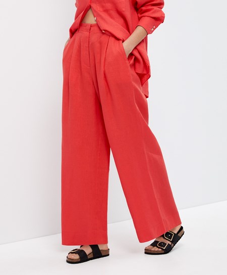 Oysho 100% Linen Szerokie-leg Trousers Pomarańczowe | 560873WFK