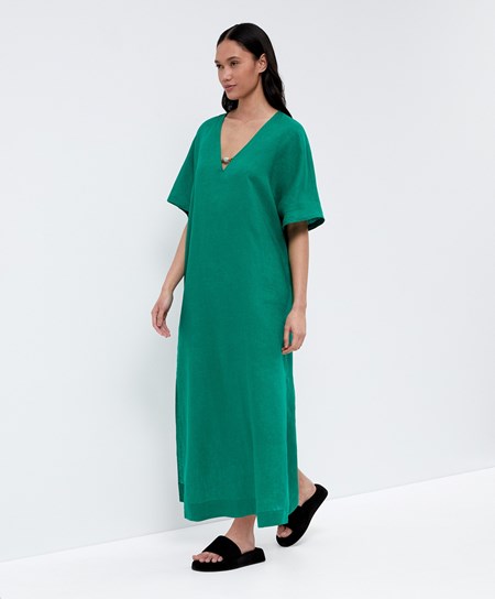 Oysho 100% Linen Tunic Sukienki Zielone | 528764BRP