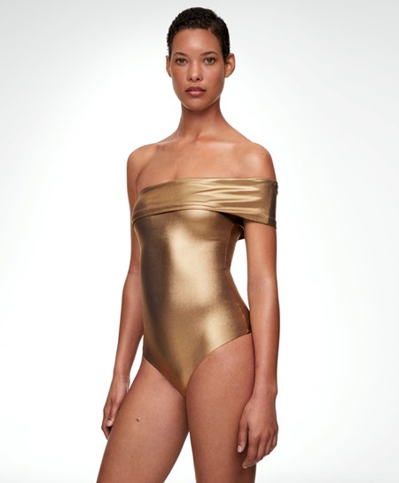 Oysho Asymmetrical Bandeau Swimsuit Złote | 807213FOT