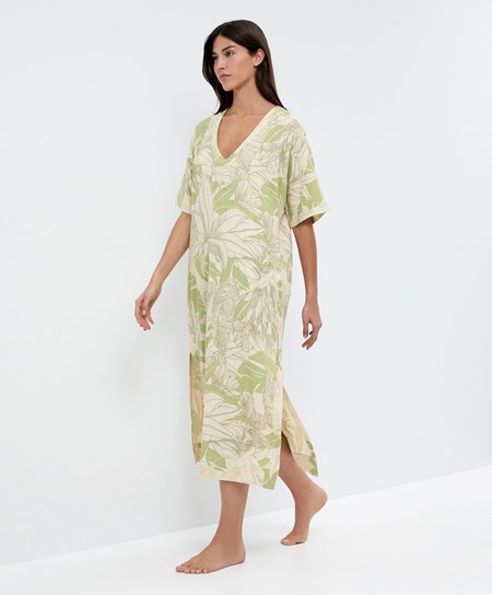 Oysho Beaded Embroidery Linen Midi Tunic Pale Pistachio | 290743LWG