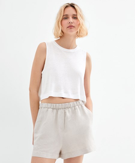 Oysho Bez Rękawów Linen T-shirt Białe | 316420OMZ
