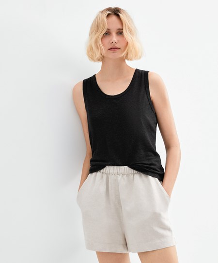 Oysho Bez Rękawów Linen T-shirt Czarne | 780435NRZ