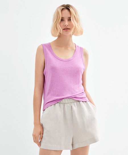 Oysho Bez Rękawów Linen T-shirt Różowe | 051847MBY