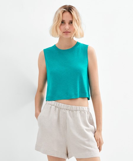 Oysho Bez Rękawów Linen T-shirt Turkusowe Zielone | 935810PGK