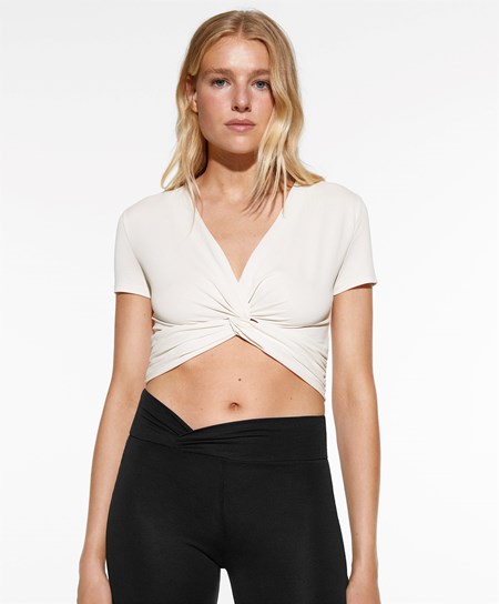 Oysho Crop Modal Knot T-shirt Cream-white | 790352DCA