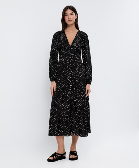 Oysho Dotted Long-sleeved Long Sukienki Czarne | 534106JSB