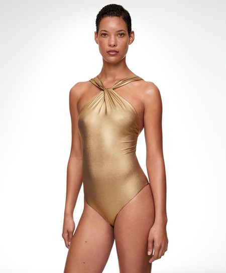 Oysho Draped Halter Swimsuit Złote | 398146PYX