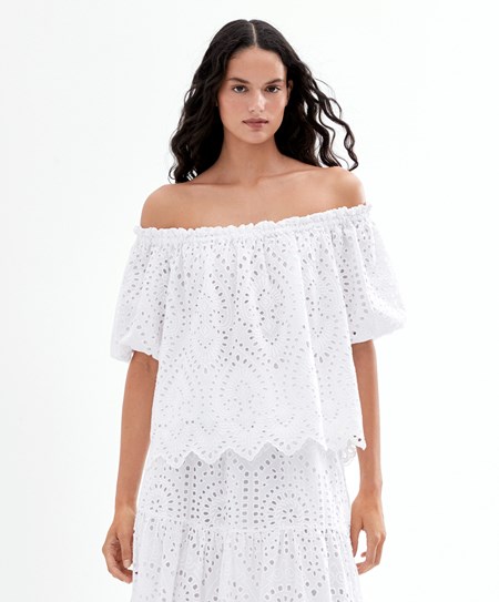 Oysho Embroidered 100% Bawełniane Off-shoulder Top Białe | 716802OTH