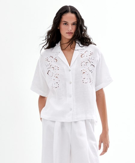 Oysho Embroidered 100% Linen Krótkie-sleeved Shirt Białe | 053128FCM