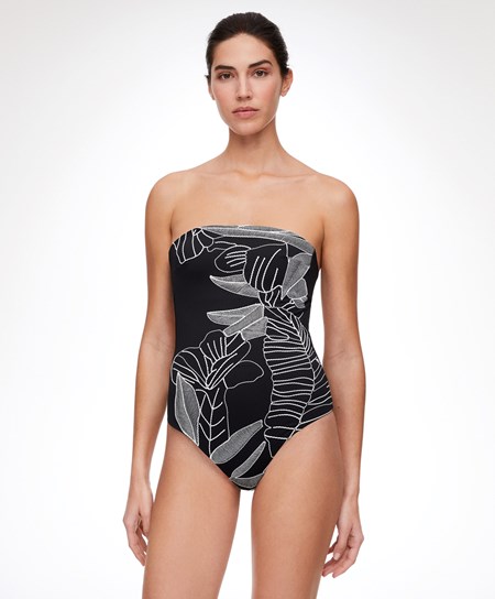 Oysho Embroidered Bandeau Swimsuit Czarne | 165749HET