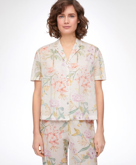 Oysho Floral 100% Bawełniane Krótkie-sleeved Shirt Vanilla | 851627WKD