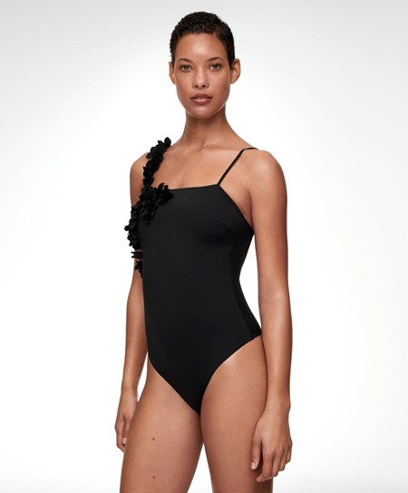 Oysho Floral Appliqué Bandeau Swimsuit Czarne | 217589QNB