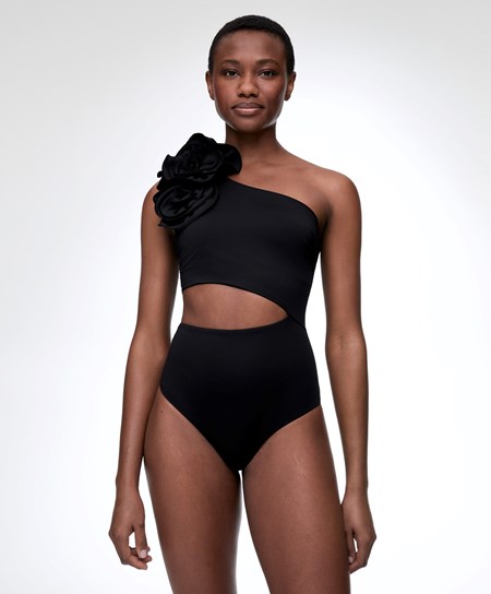 Oysho Floral Asymmetric Trikini Czarne | 147592WTK