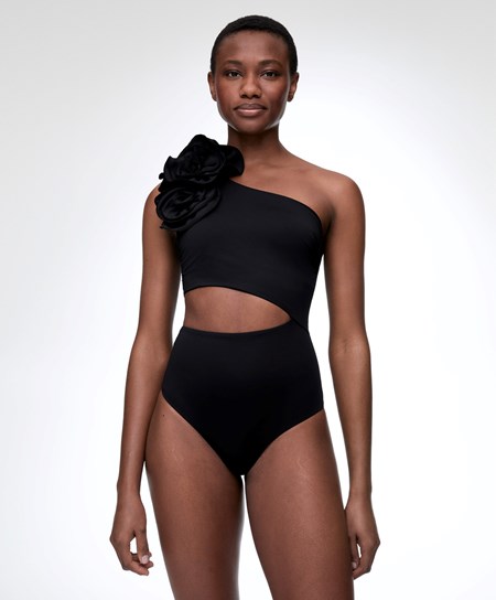 Oysho Floral Asymmetric Trikini Czarne | 924678IZD